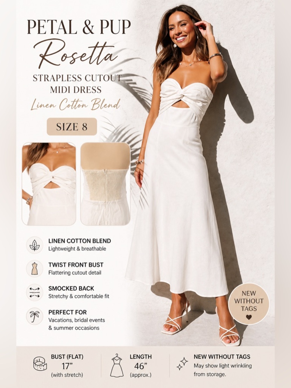 Petal & Pup Rosetta Strapless Cutout Midi Dress Linen Cotton Size 8